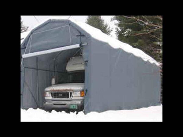 Barn style portable garage for RV in snow