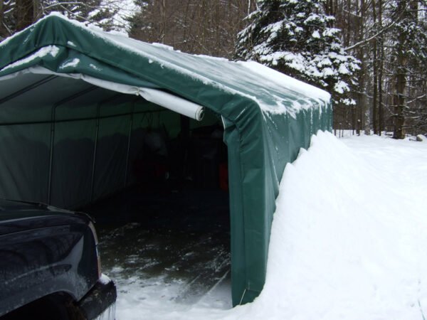 12x20 peak style portable shelter in snow