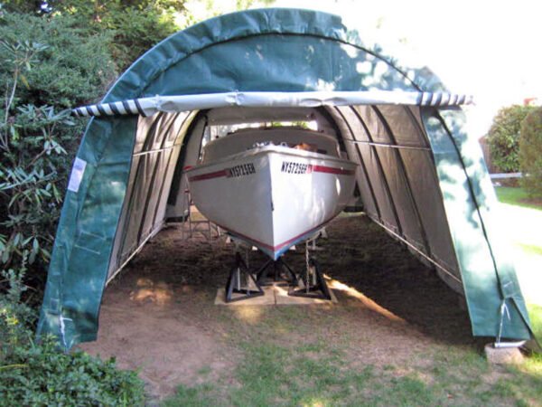 12x20 round portable garage with boat inside