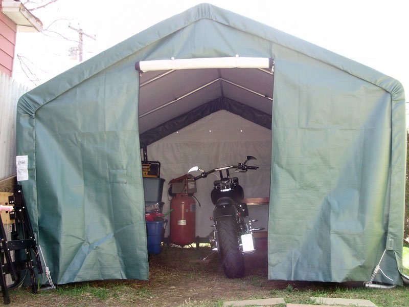 12x12 portable shelter man door with motorcycle